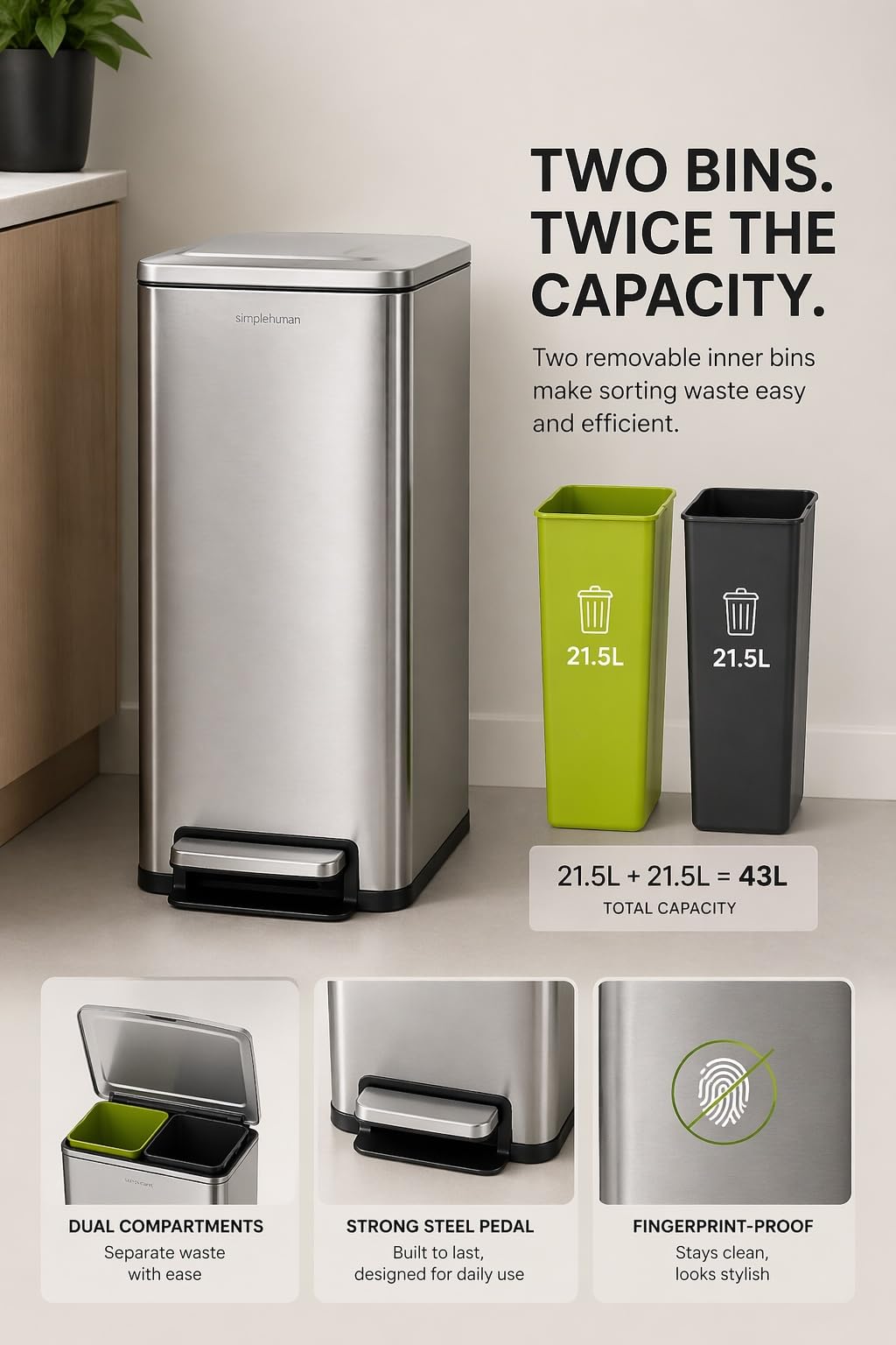43L Dual Recycling Bin Stainless Steel W356