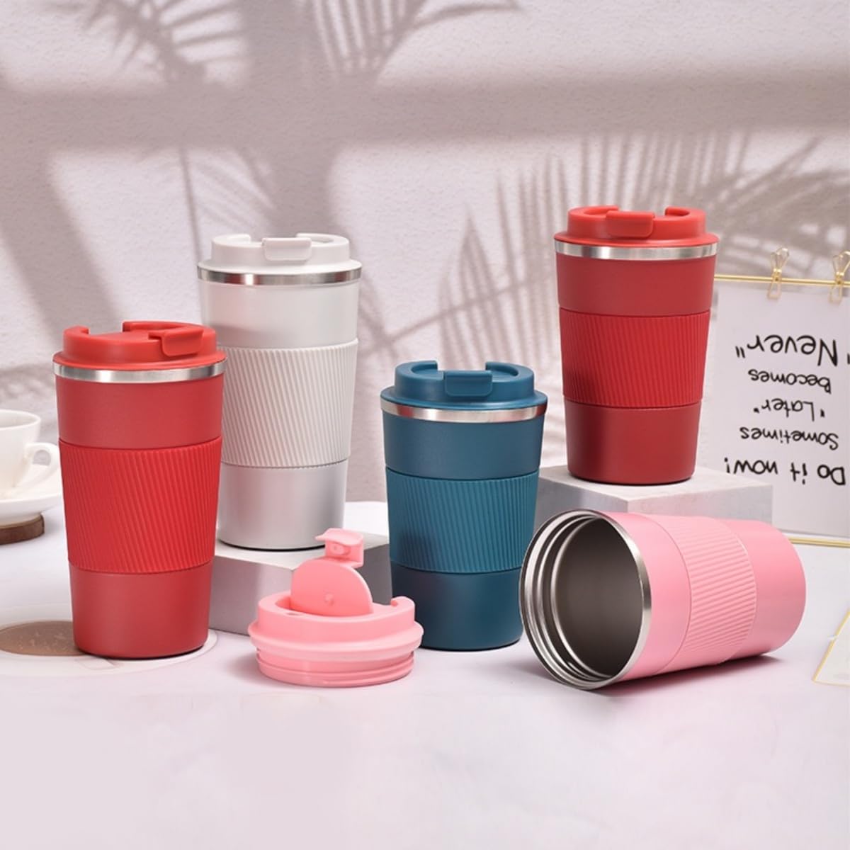 Stainless Steel Insulated Travel Coffee Mug Flip up Tumbler, Double wall Leak Proof Vacuum Cup Keep Drink Cold and Hot (Red, 17 Ounces) H422