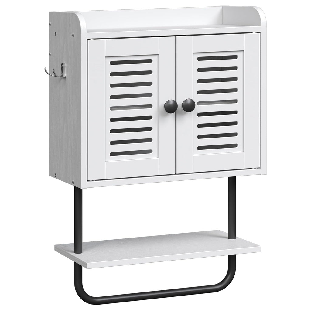 White Double Doors Bathroom Wall Cabinet with Towel Bar, Adjustable Shelf, 2 Hooks Q892628