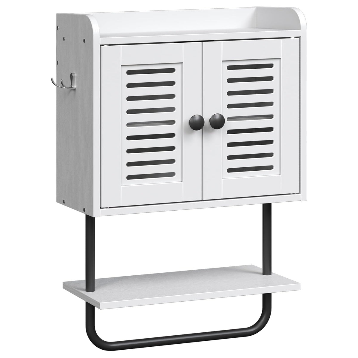 White Double Doors Bathroom Wall Cabinet with Towel Bar, Adjustable Shelf, 2 Hooks Q892628