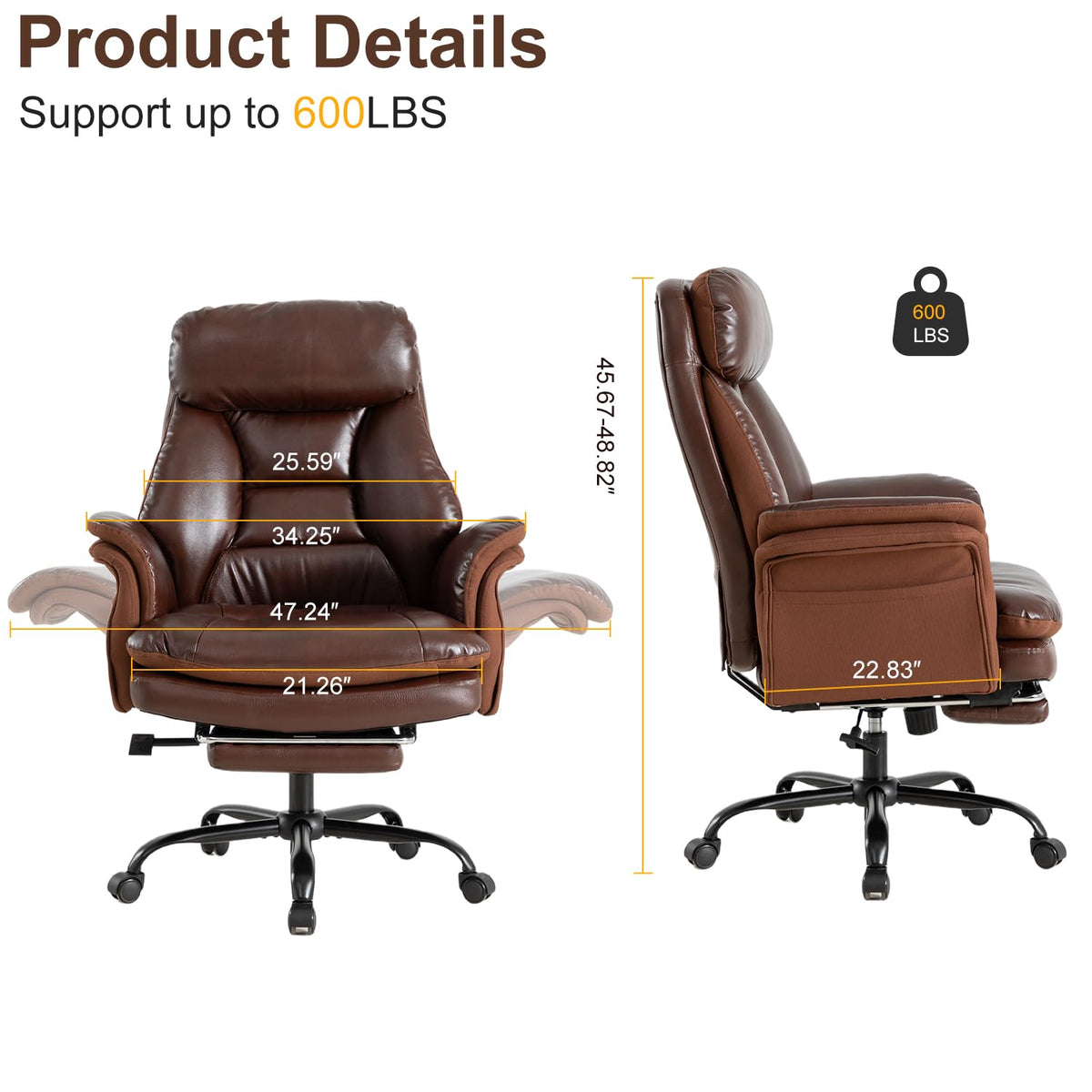 600lbs Big and Tall Brown Leather Office Chair with Footrest H189467
