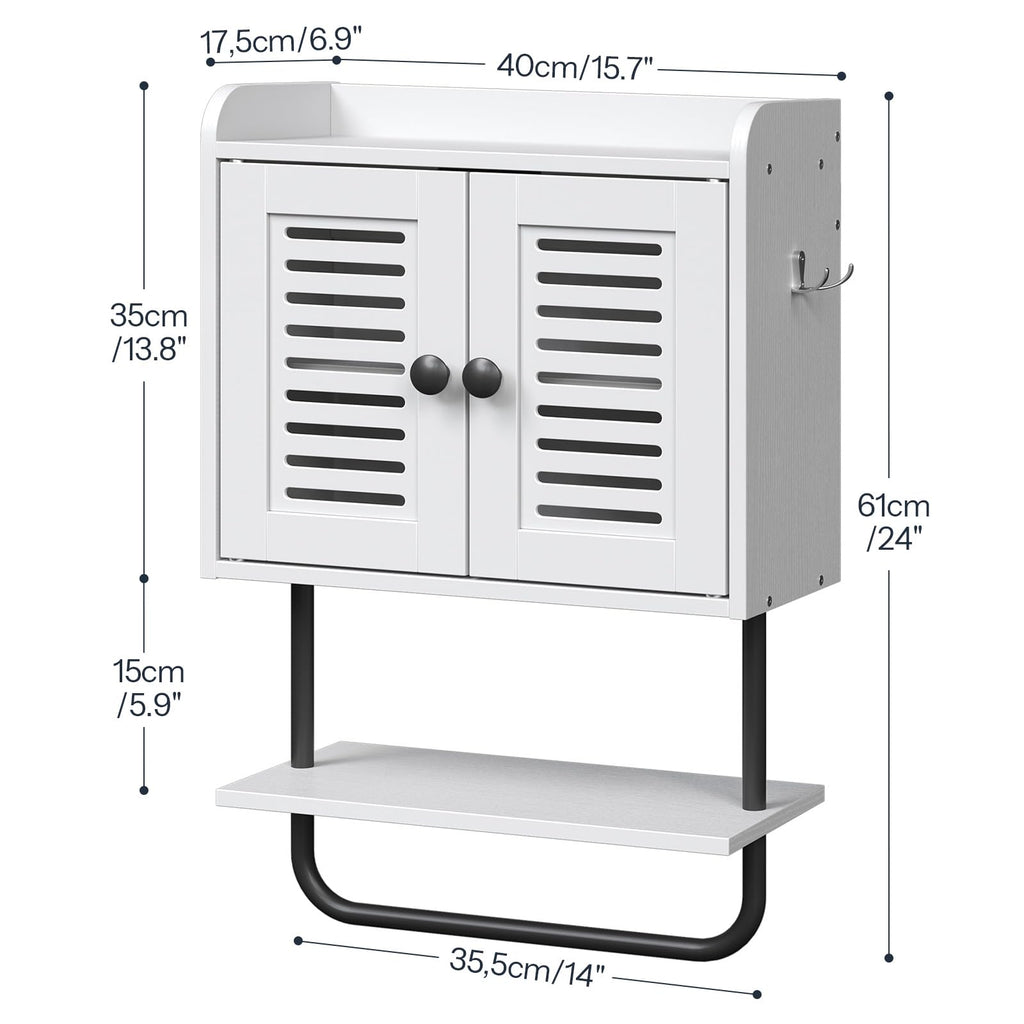 White Double Doors Bathroom Wall Cabinet with Towel Bar, Adjustable Shelf, 2 Hooks Q892628