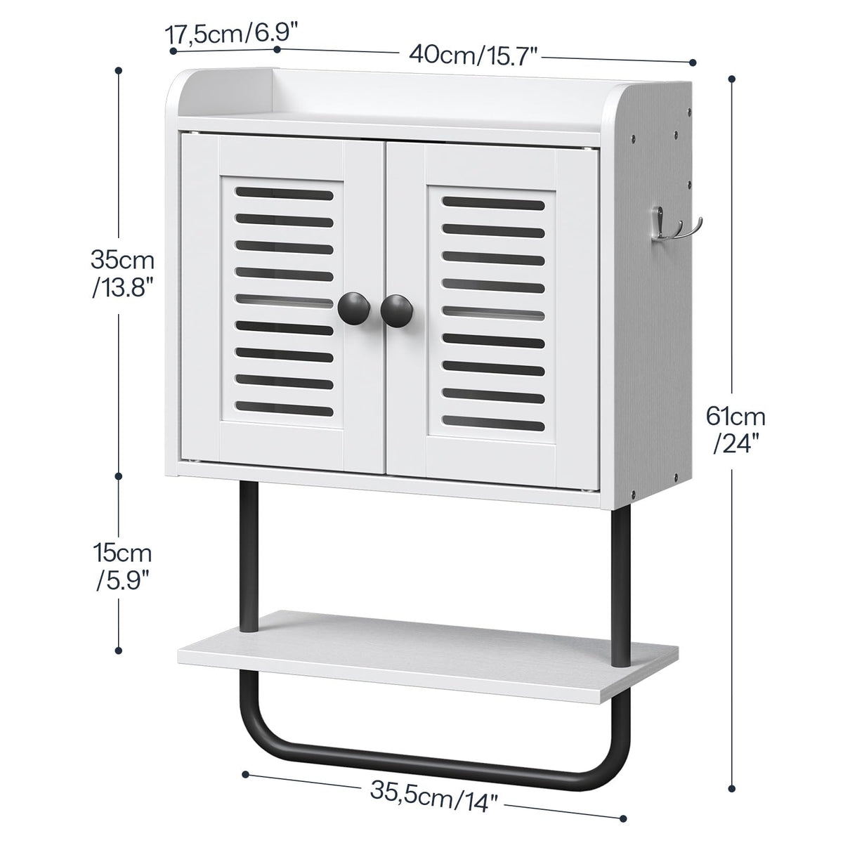 White Double Doors Bathroom Wall Cabinet with Towel Bar, Adjustable Shelf, 2 Hooks Q892628