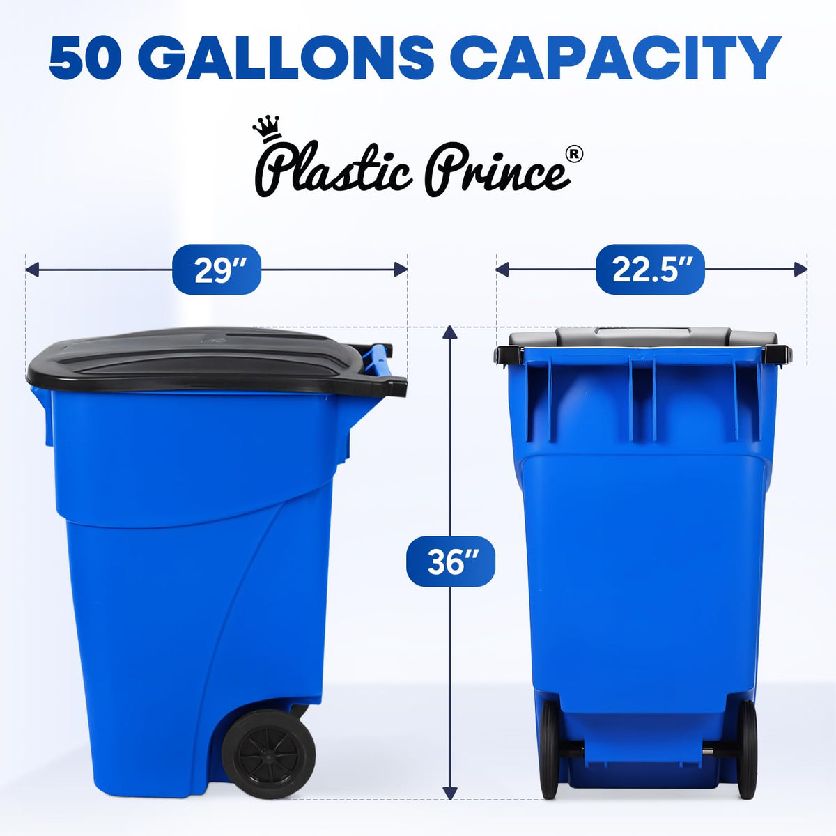 50 Gallon Blue Plastic Trash Can with Lid and Wheels T8394