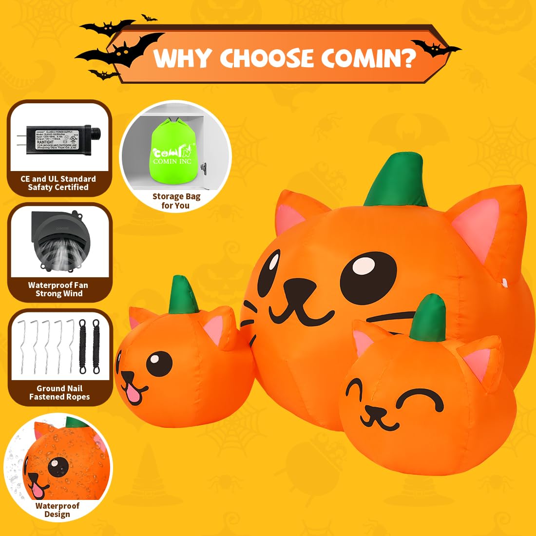 5FT Inflatable Three Pumpkin Cat Head with Built-in LEDs T402