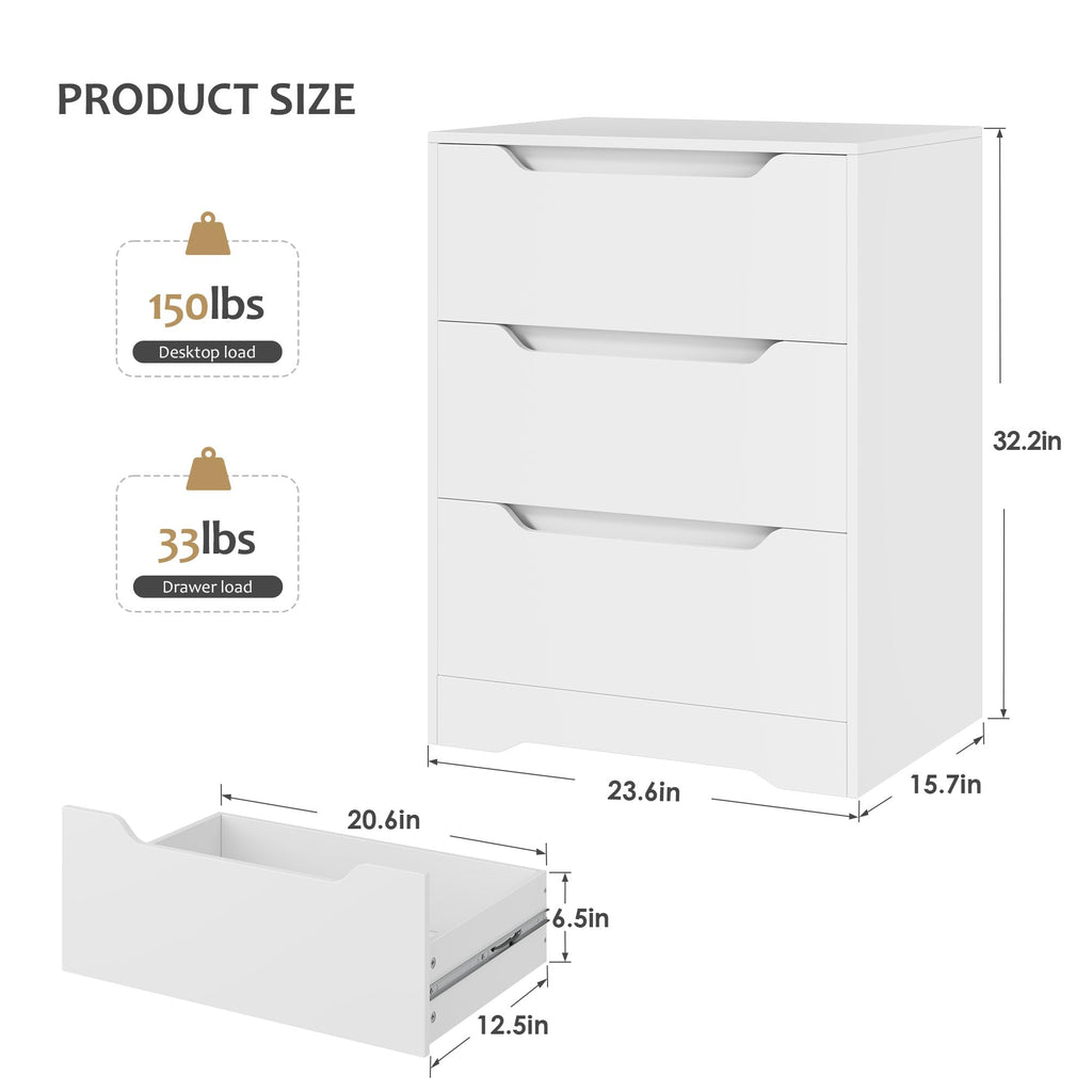 White 3 Drawer Wood Dresser E6139