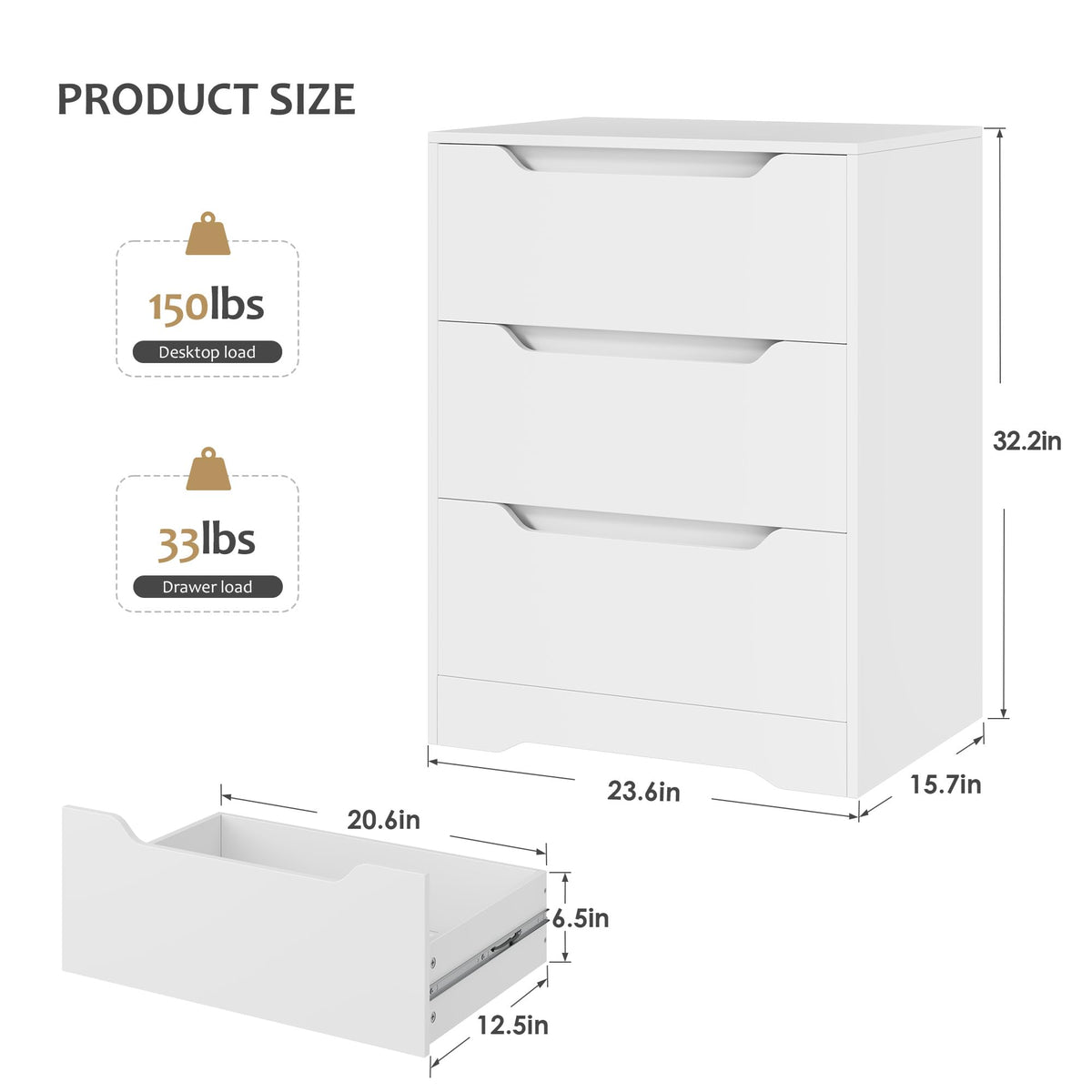White 3 Drawer Wood Dresser E6139