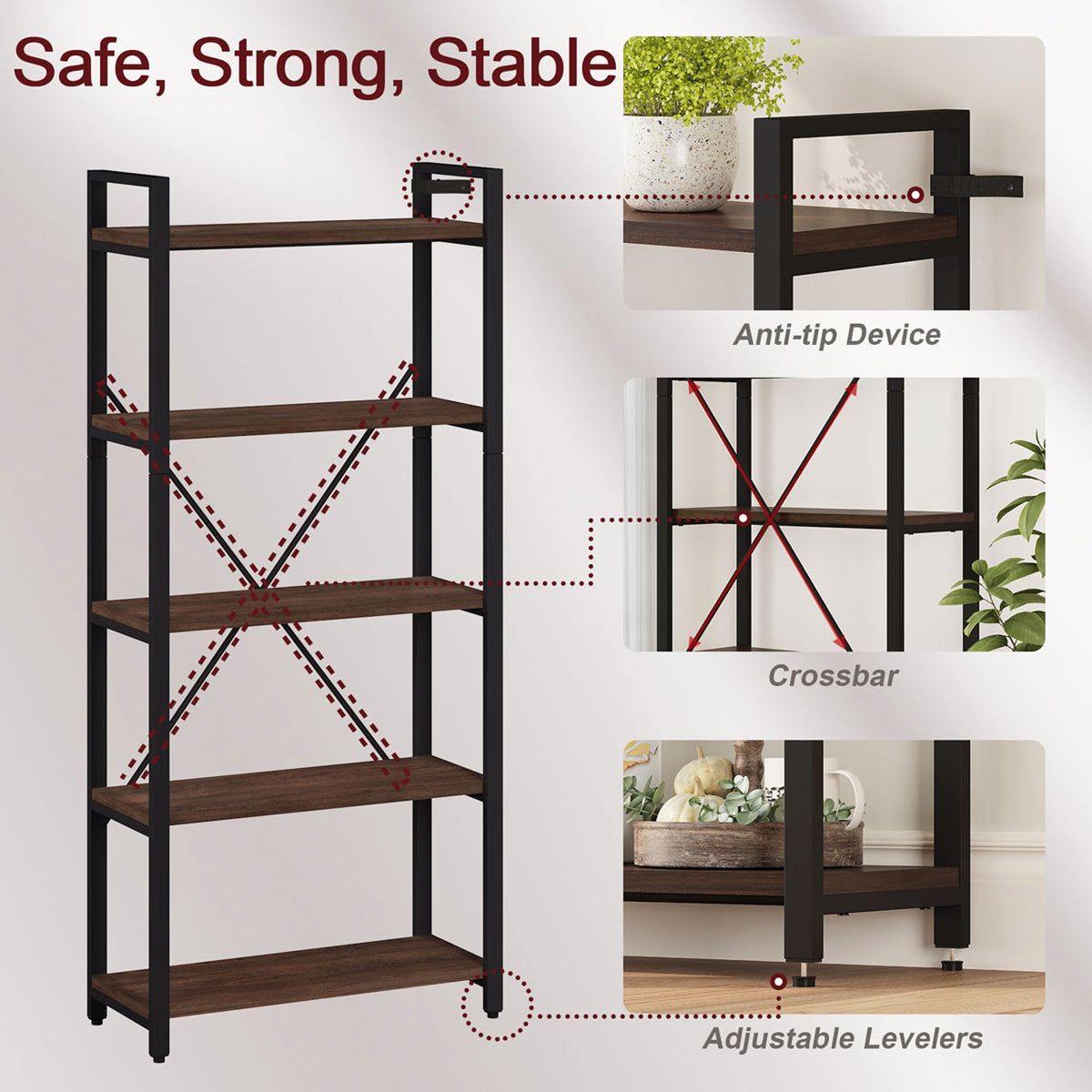 5 Tier Wood and Metal Bookshelf R3884