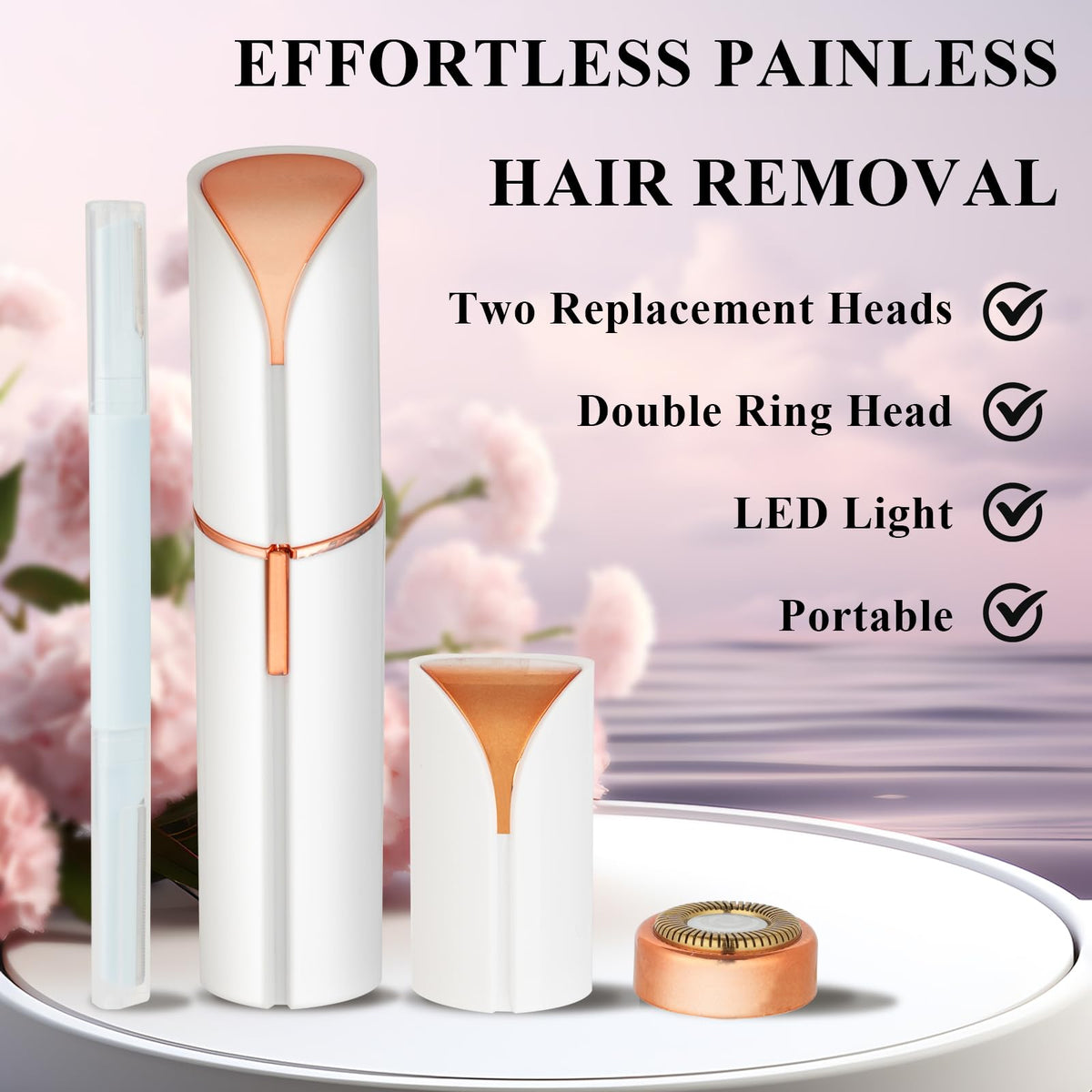 Electric Painless Facial Hair Removal Device with 2 Replacement Heads D492