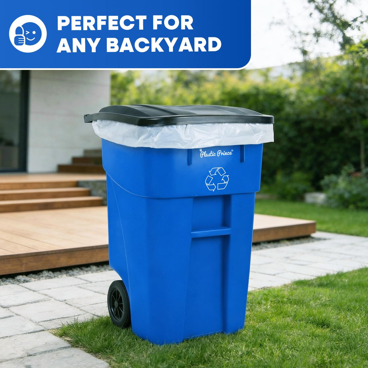50 Gallon Blue Plastic Trash Can with Lid and Wheels T8394
