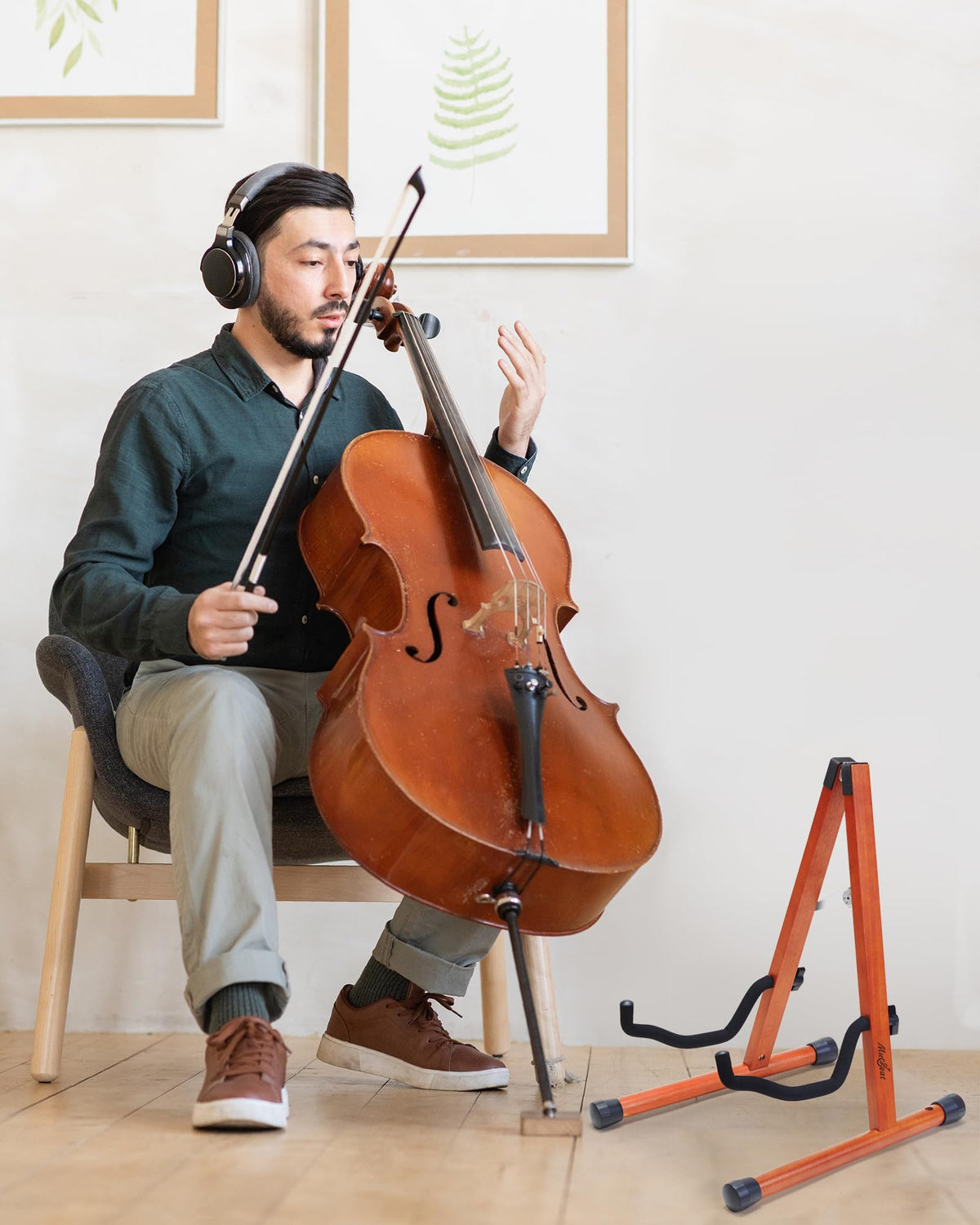Mahogany Wood A-Shape Cello Stand with Bow Holder N4347