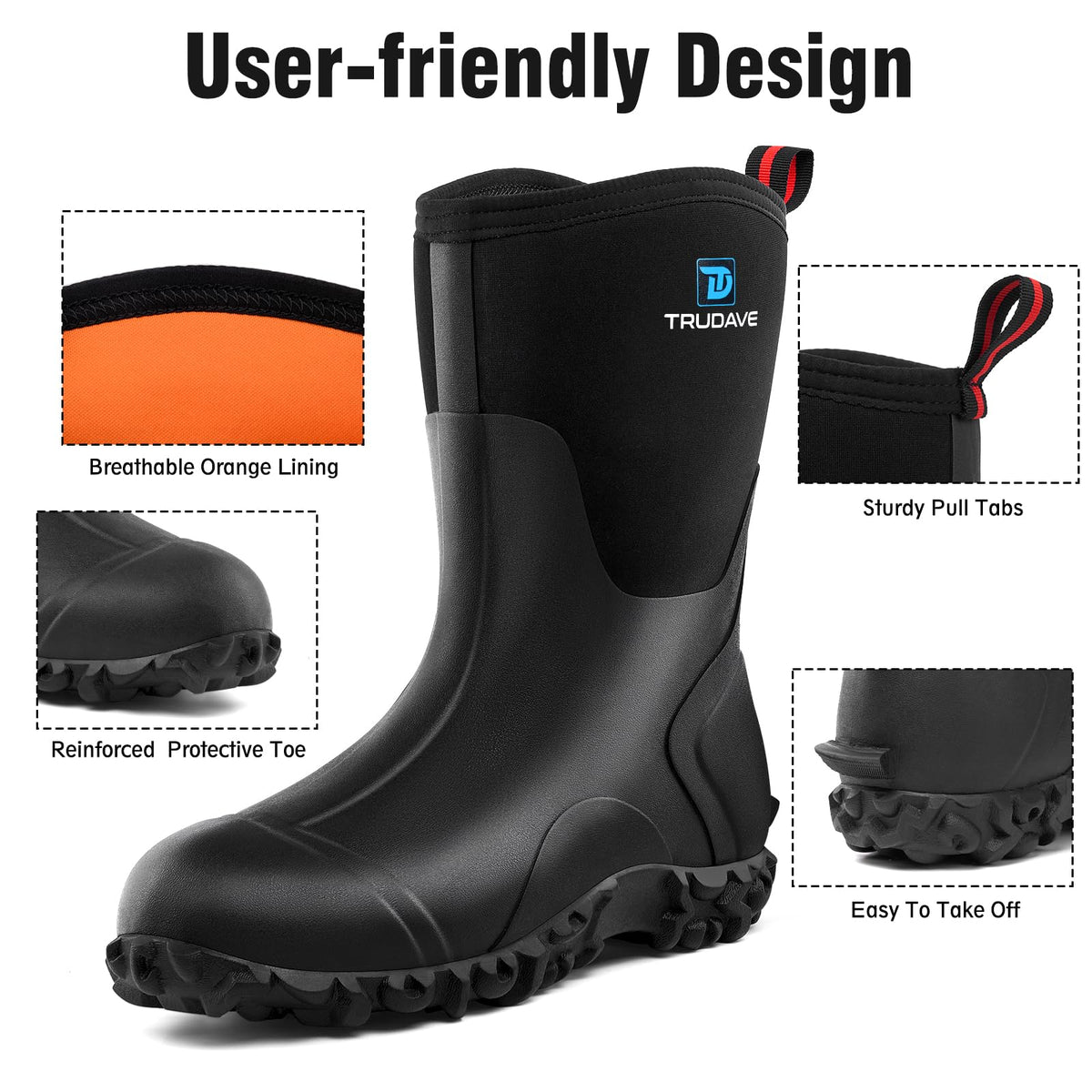 Rubber Boots with Steel Shank, 6mm Neoprene Mid Calf Rain Boots Z7327