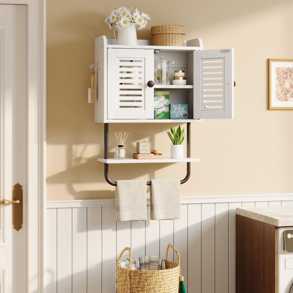 White Double Doors Bathroom Wall Cabinet with Towel Bar, Adjustable Shelf, 2 Hooks Q892628