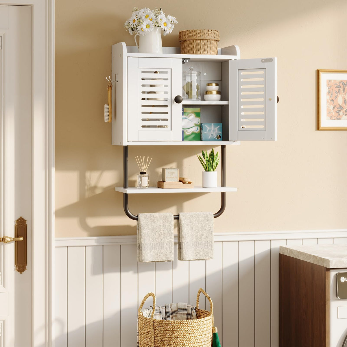 White Double Doors Bathroom Wall Cabinet with Towel Bar, Adjustable Shelf, 2 Hooks Q892628