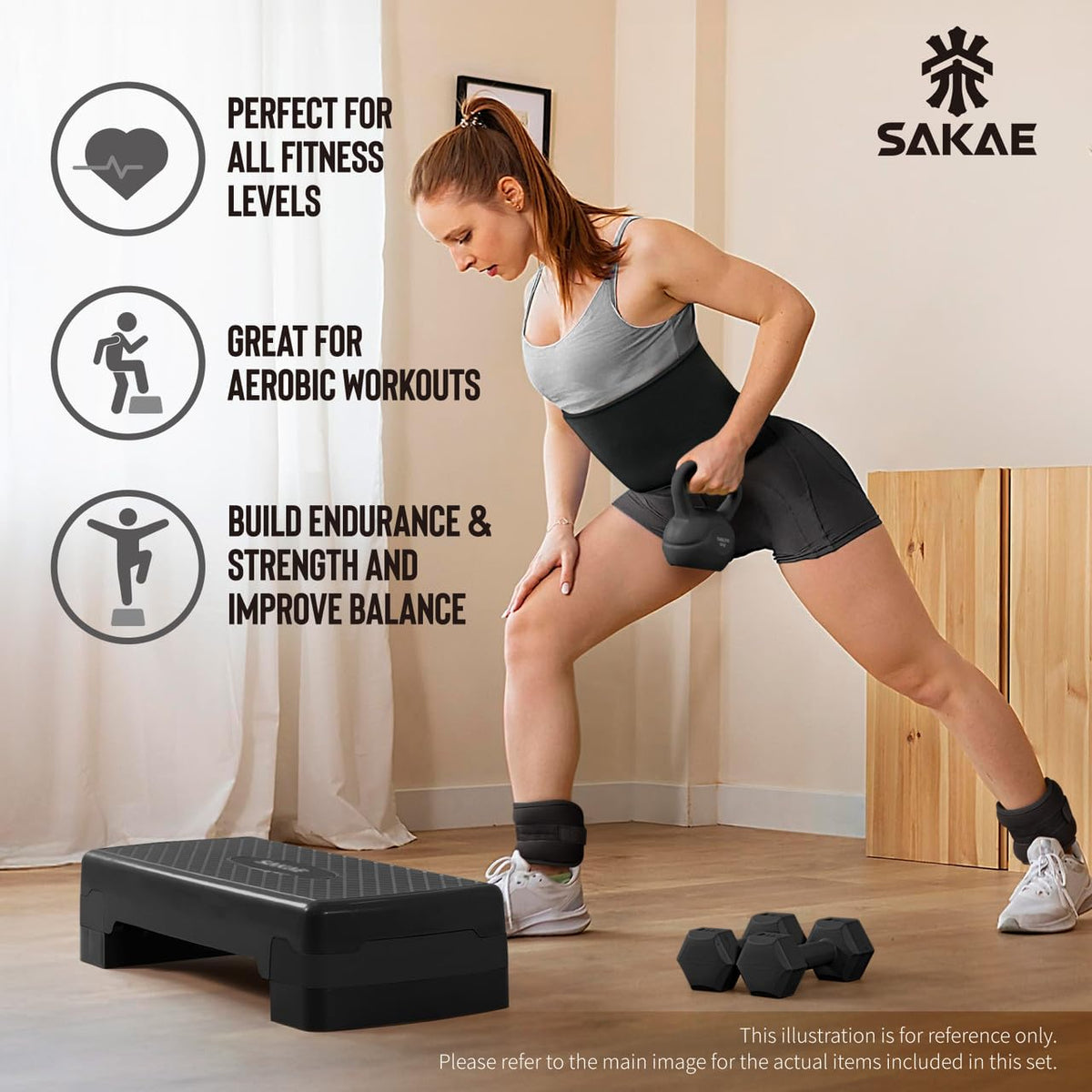 Adjustable Aerobic Stepper Kit with Dumbbells & Kettlebell & Weightlifting Belt & Measuring Tape R113866