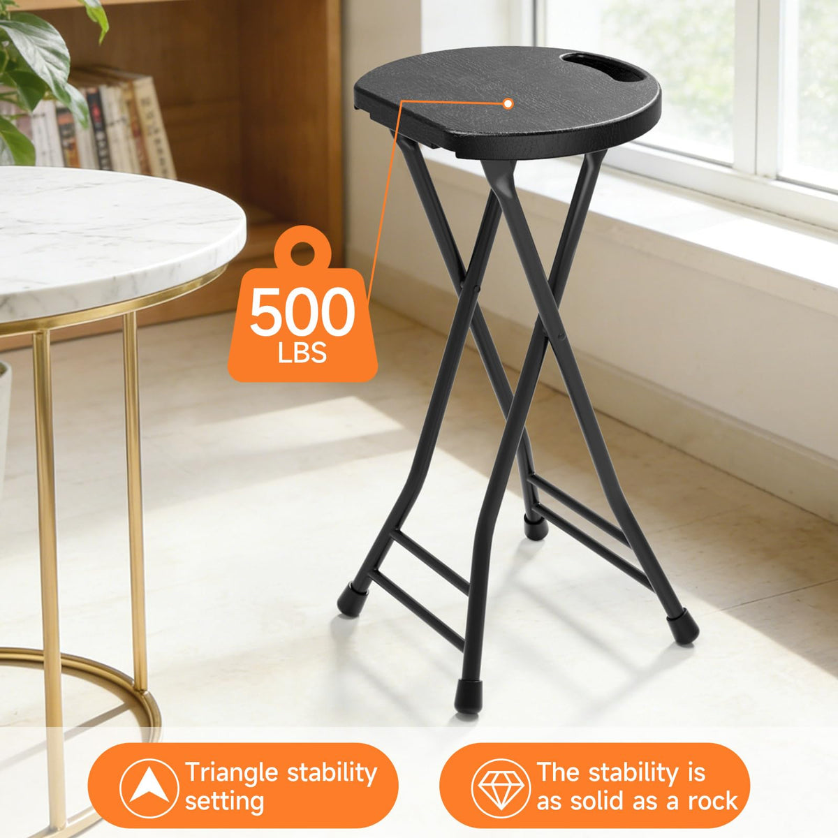 24 Inch Folding Stool 500LBS Capacity Portable Collapsible Stool Black G21609