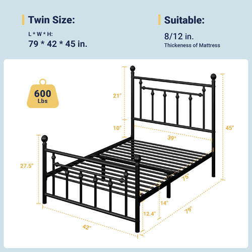 14'' Twin Size Black Metal Platform Bed Frame Y1074