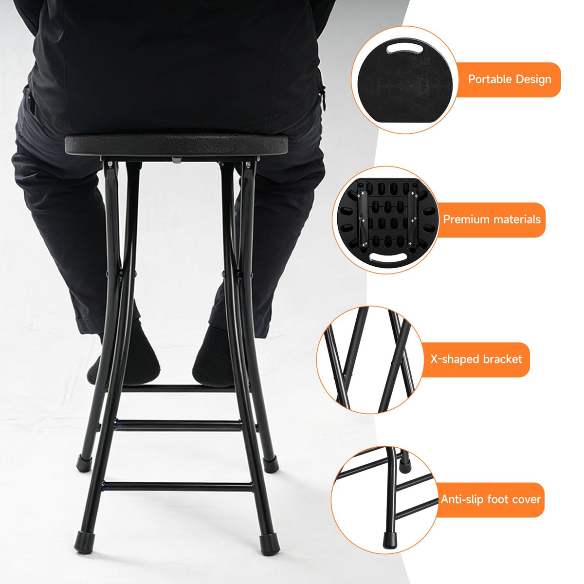 24 Inch Folding Stool 500LBS Capacity Portable Collapsible Stool Black G21609