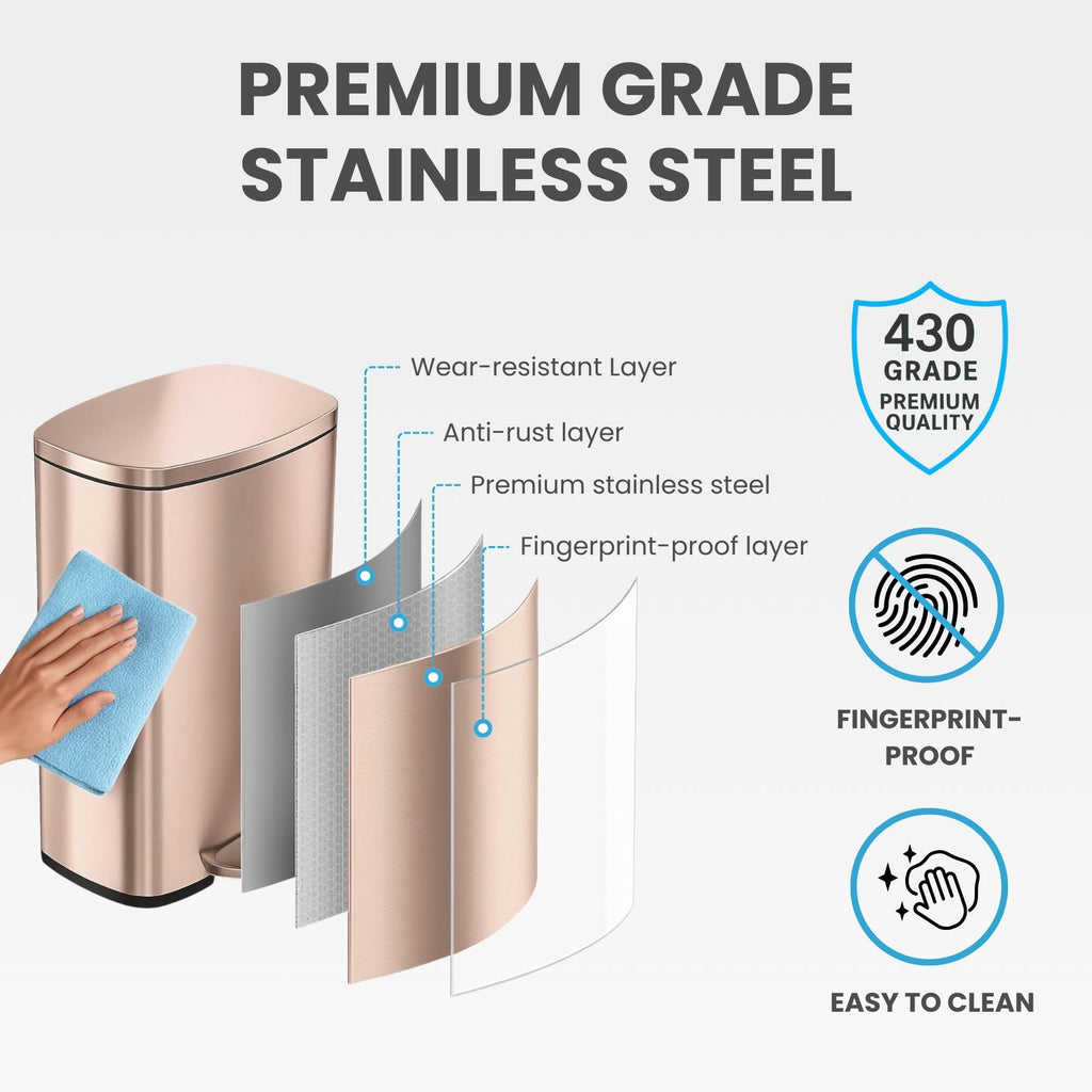 13.2 Gallon Rose Gold Stainless Steel Step Trash Can I66624