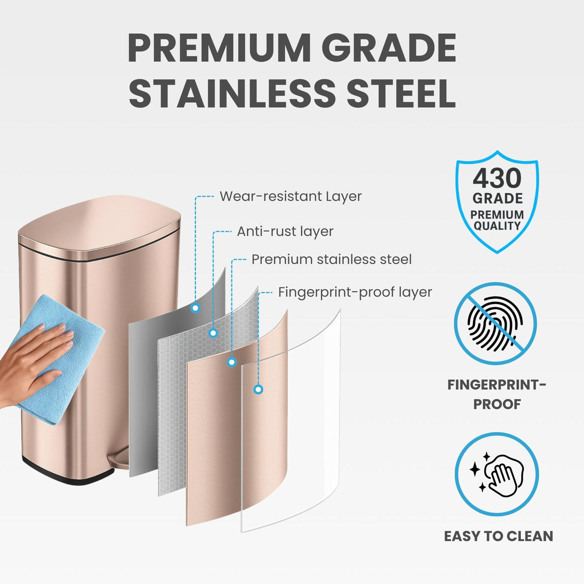 13.2 Gallon Rose Gold Stainless Steel Step Trash Can I66624
