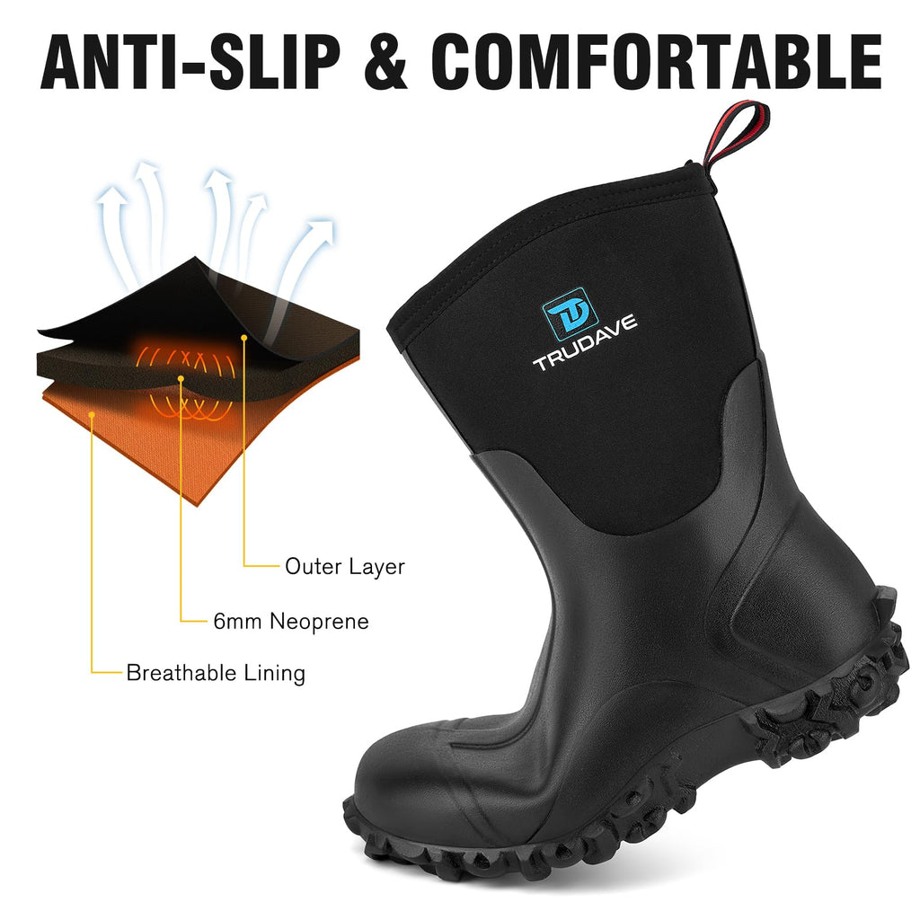 Rubber Boots with Steel Shank, 6mm Neoprene Mid Calf Rain Boots Z7327