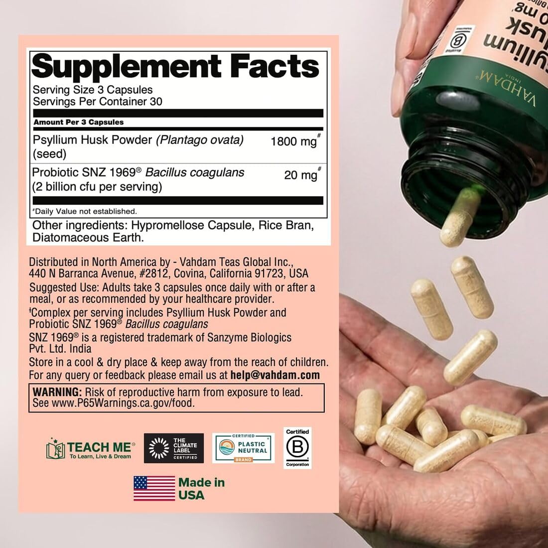 Psyllium Husk Capsules 1800 mg with Probiotics 90 Veggie Capsules U81183