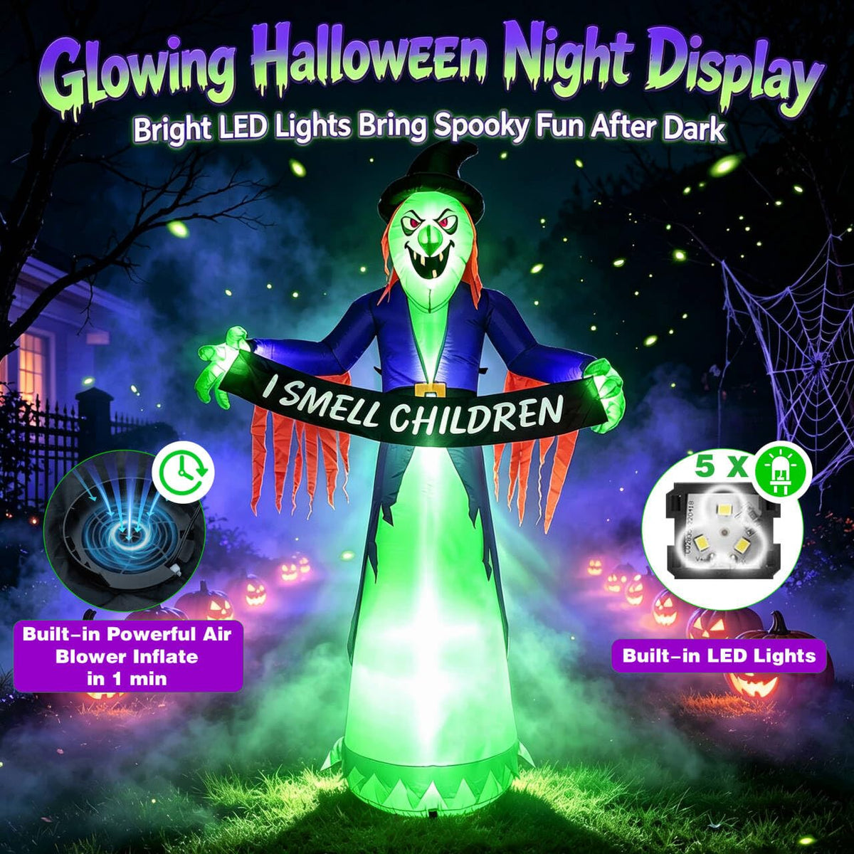 8FT Inflatable Witch Halloween Decoration with Built-in LED Lights B223724