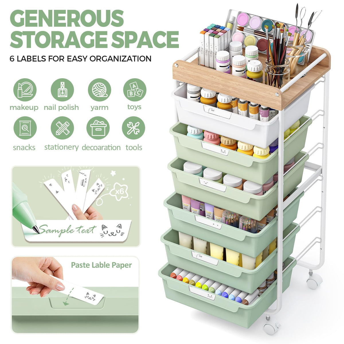 Green Utility Cart with 6 Drawers K334909