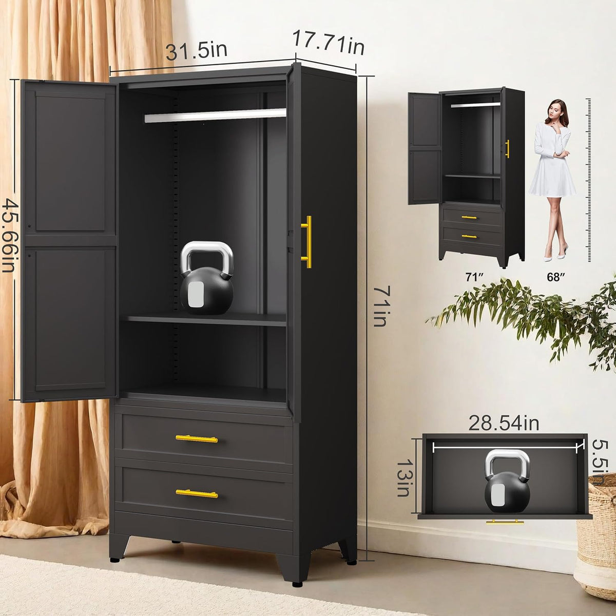 Metal Wardrobe Cabinet with 2 Drawers N588