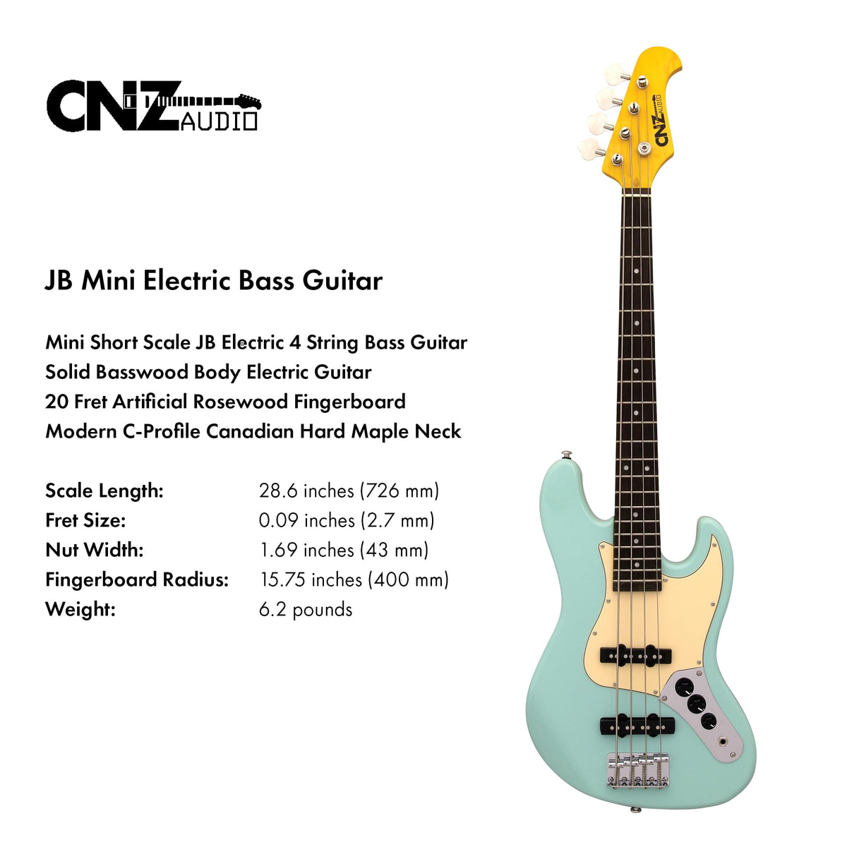 Black Mini Electric Bass Guitar with Maple Neck, Rosewood Fingerboard & White Pickguard R652