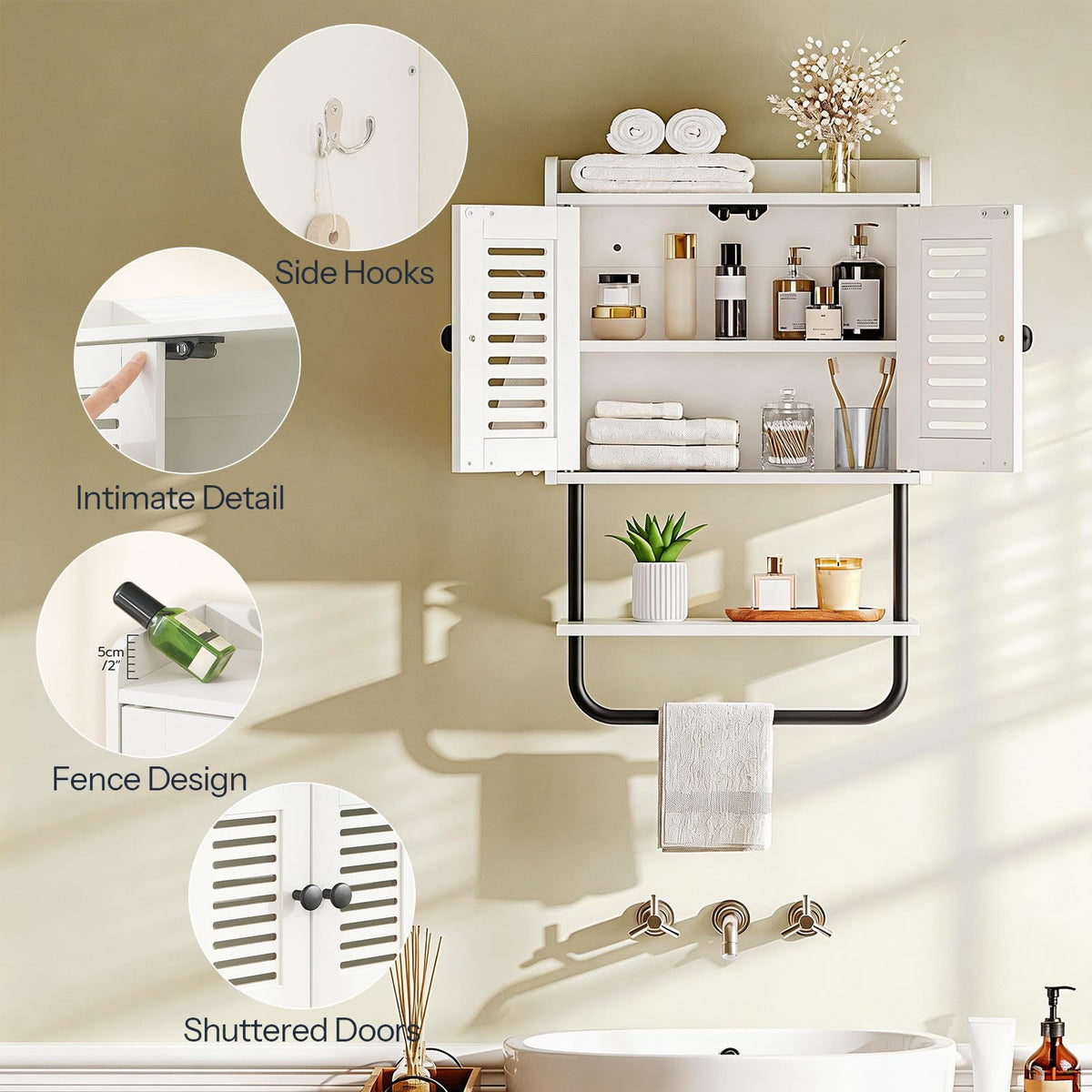 White Double Doors Bathroom Wall Cabinet with Towel Bar, Adjustable Shelf, 2 Hooks Q892628