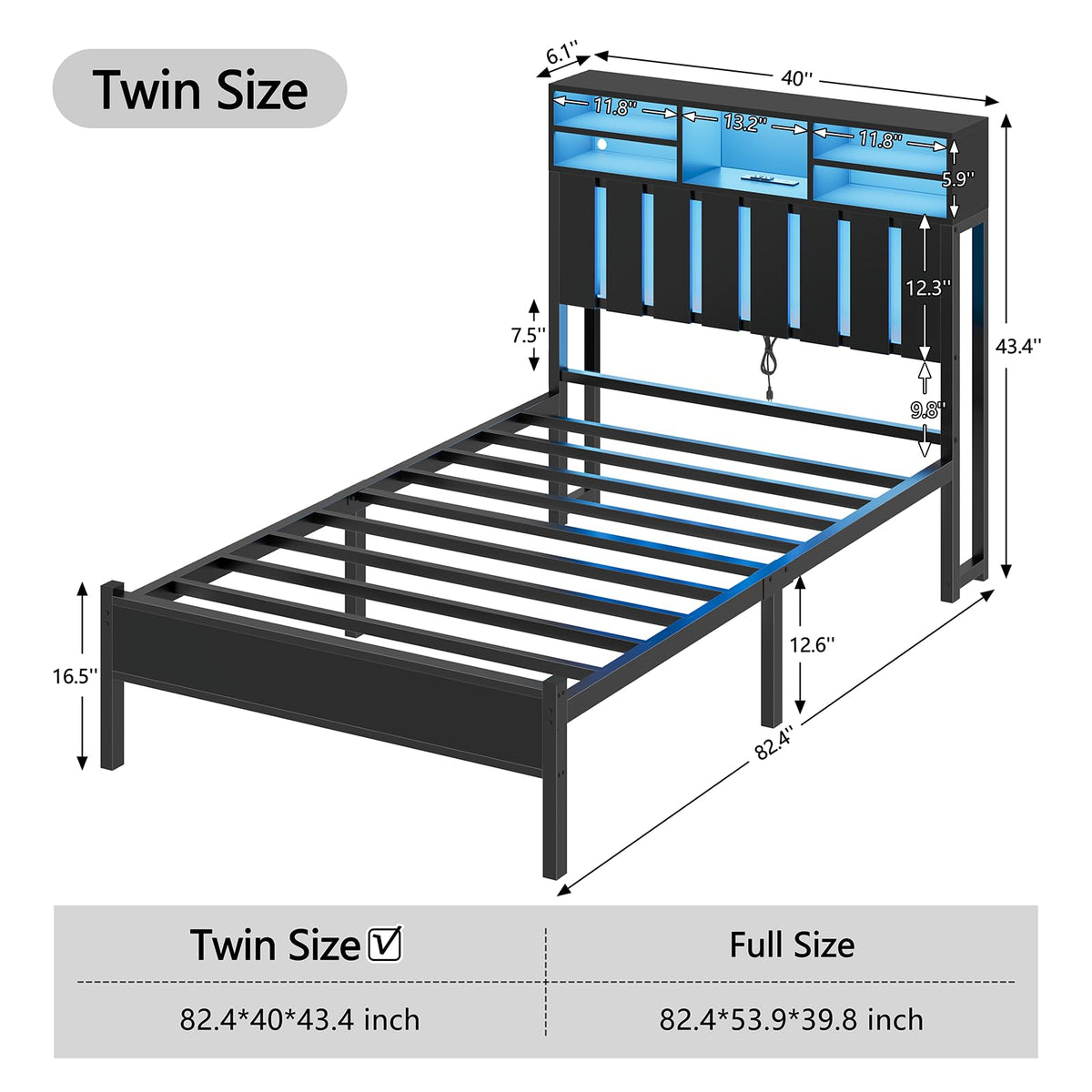 Twin Size Bed Frame with Storage Headboard and LED Lights P786