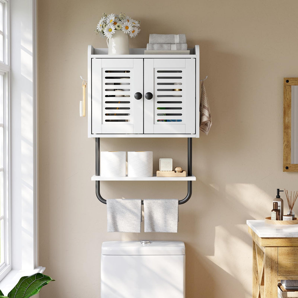 White Double Doors Bathroom Wall Cabinet with Towel Bar, Adjustable Shelf, 2 Hooks Q892628