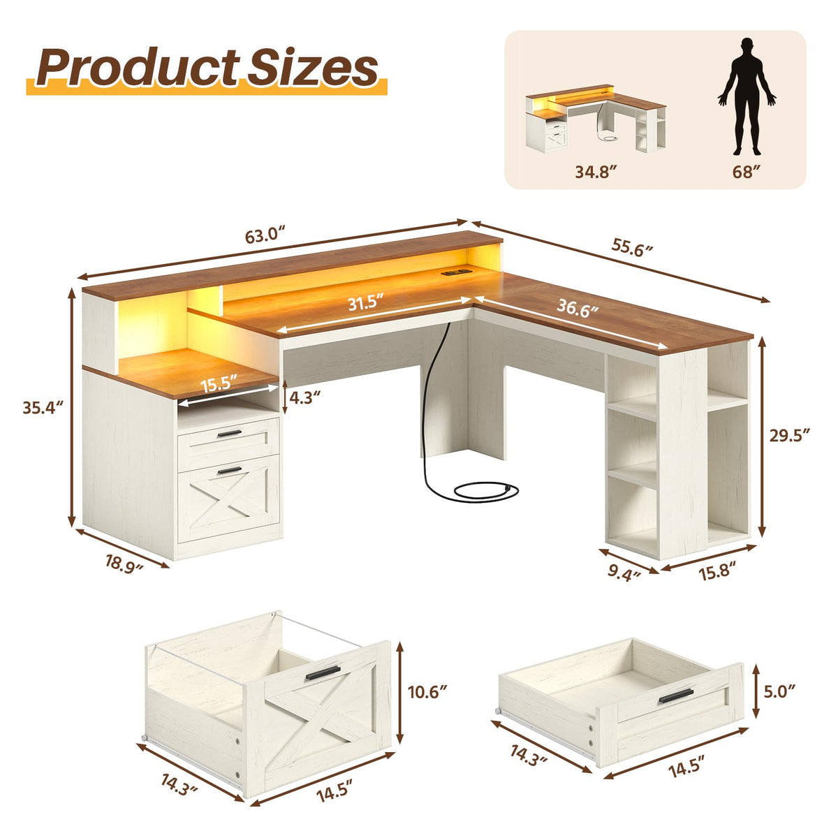 63" L Shaped Desk with Drawers and Storage Shelves L94716