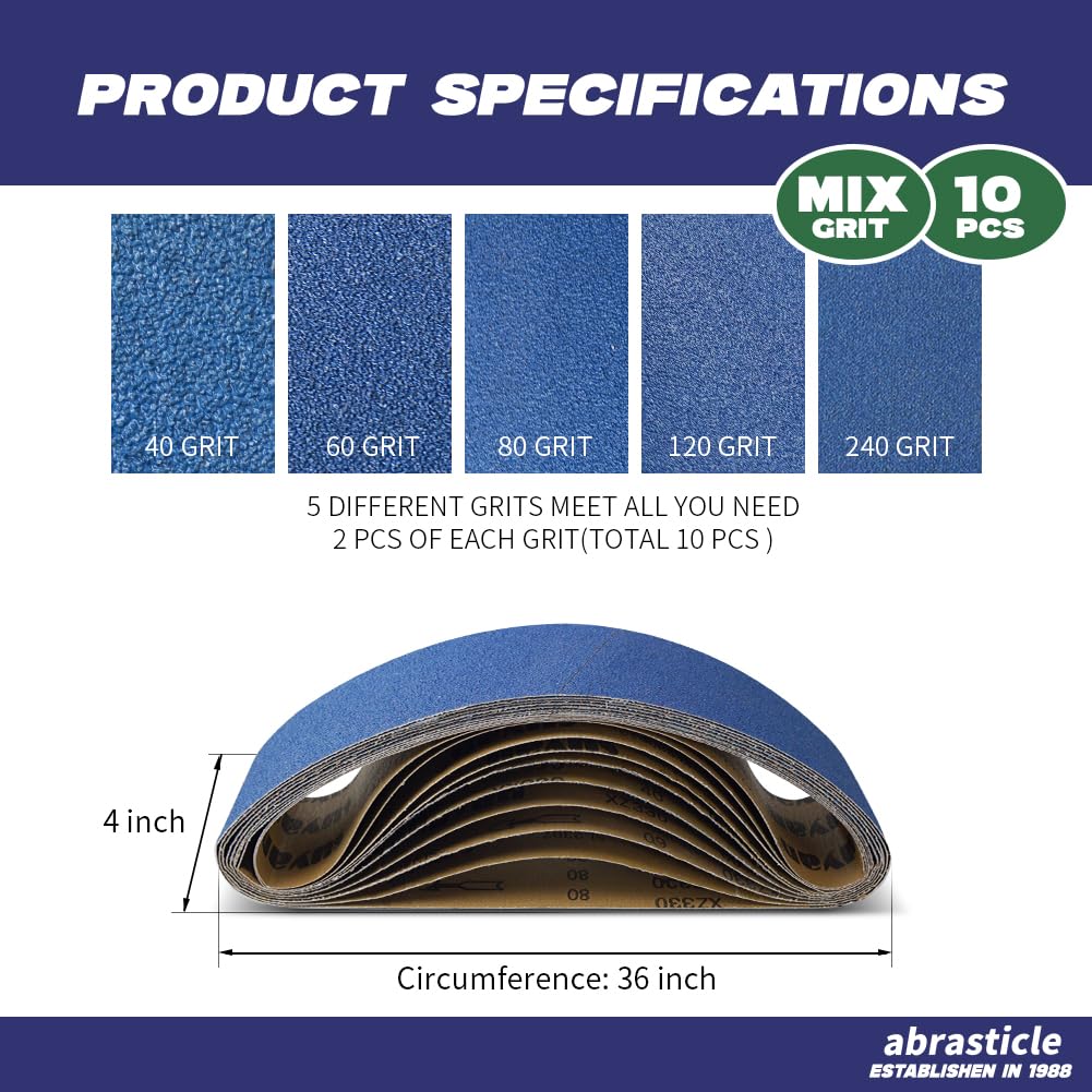 4" x 36" Zirconia Sanding Belts, 10 PCS Assorted Grits K60167