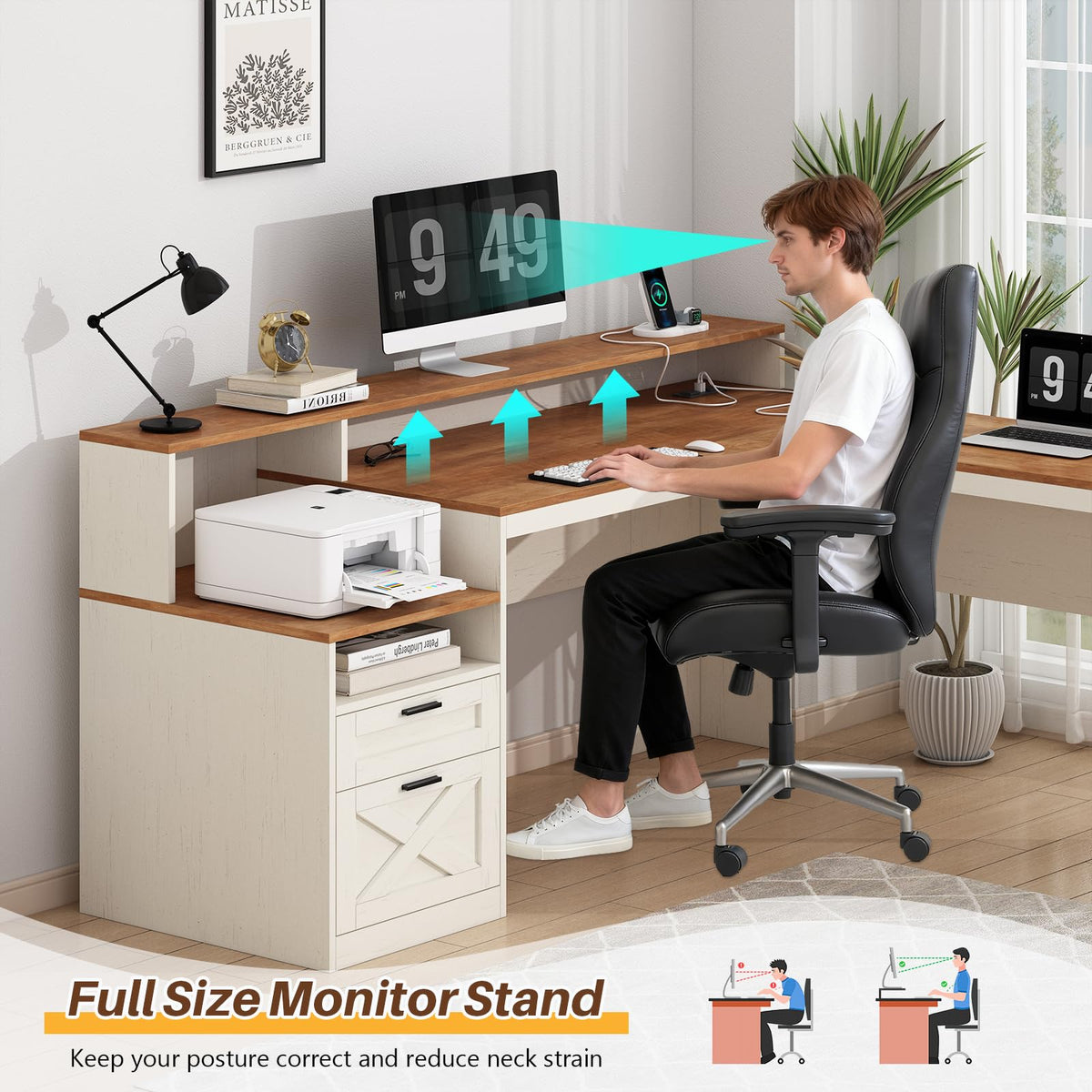 63" L Shaped Desk with Drawers and Storage Shelves L94716