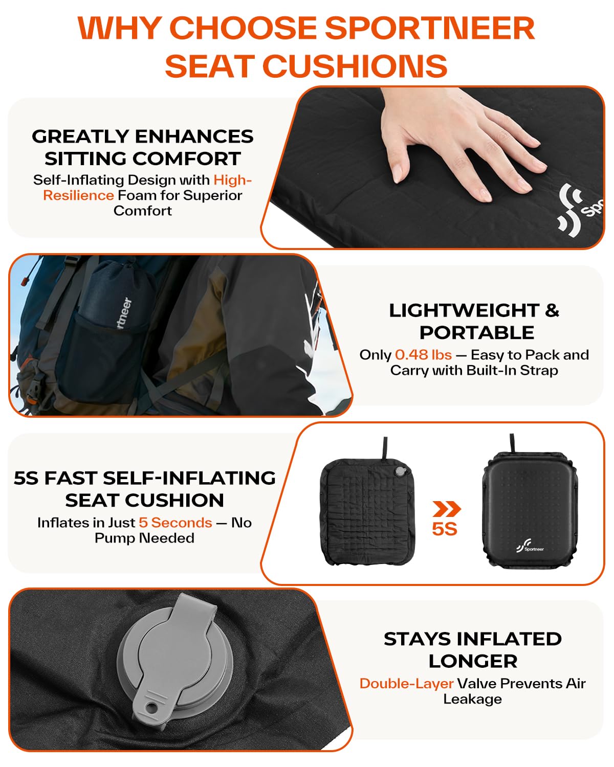 Inflatable Self-Inflating 2" High Rebound Foam Seat Cushion, 2 Pack R8121