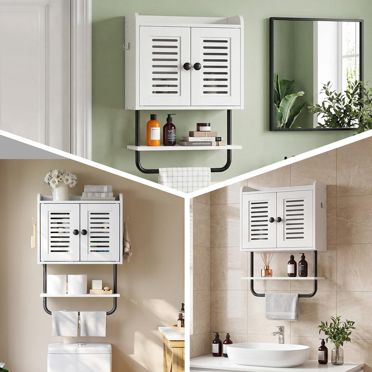 White Double Doors Bathroom Wall Cabinet with Towel Bar, Adjustable Shelf, 2 Hooks Q892628