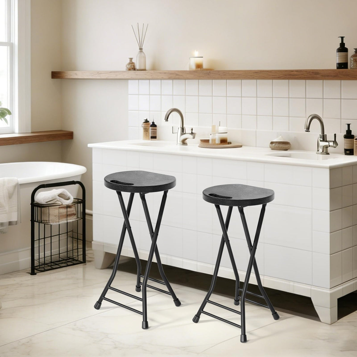 24 Inch Folding Stool 500LBS Capacity Portable Collapsible Stool Black G21609