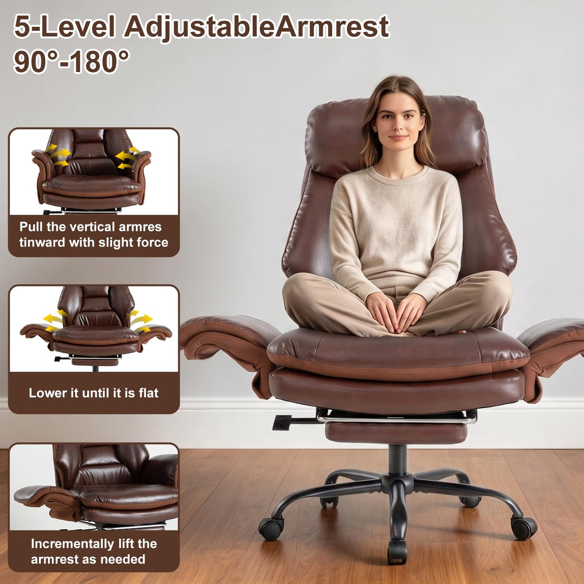 600lbs Big and Tall Brown Leather Office Chair with Footrest H189467