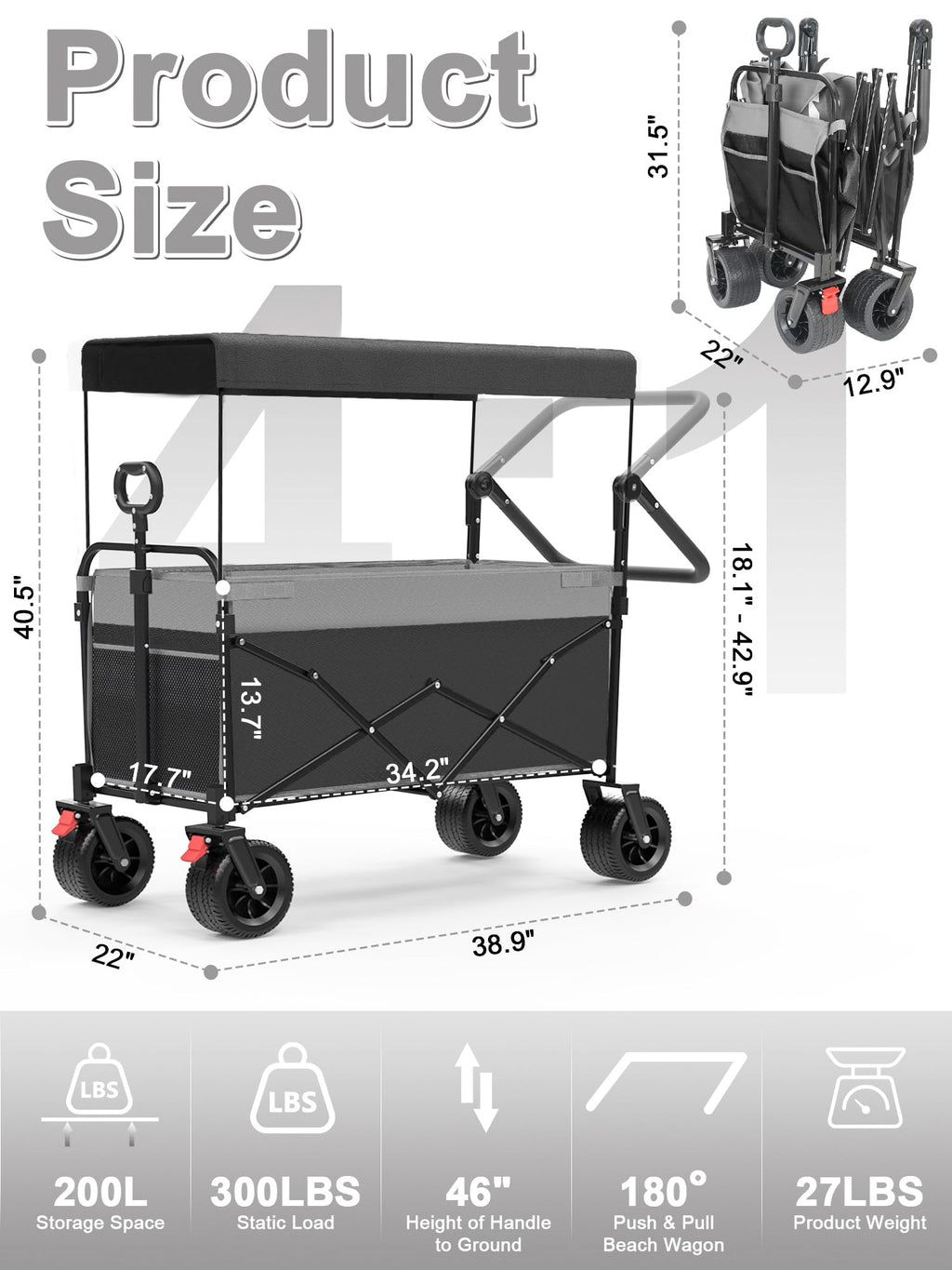 Collapsible Wagon with Canopy Black Q970