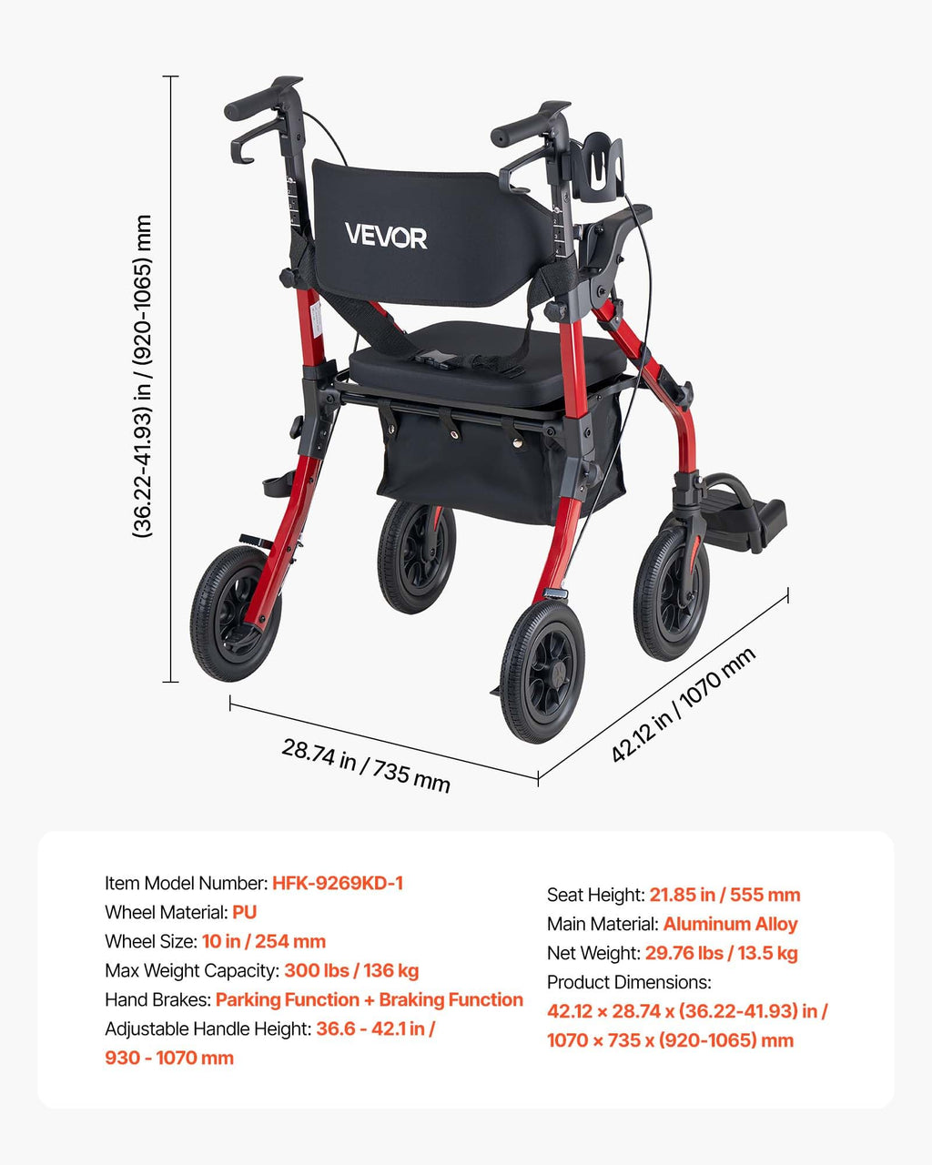 2-in-1 Foldable Aluminum Rollator Walker & Transport Chair R235