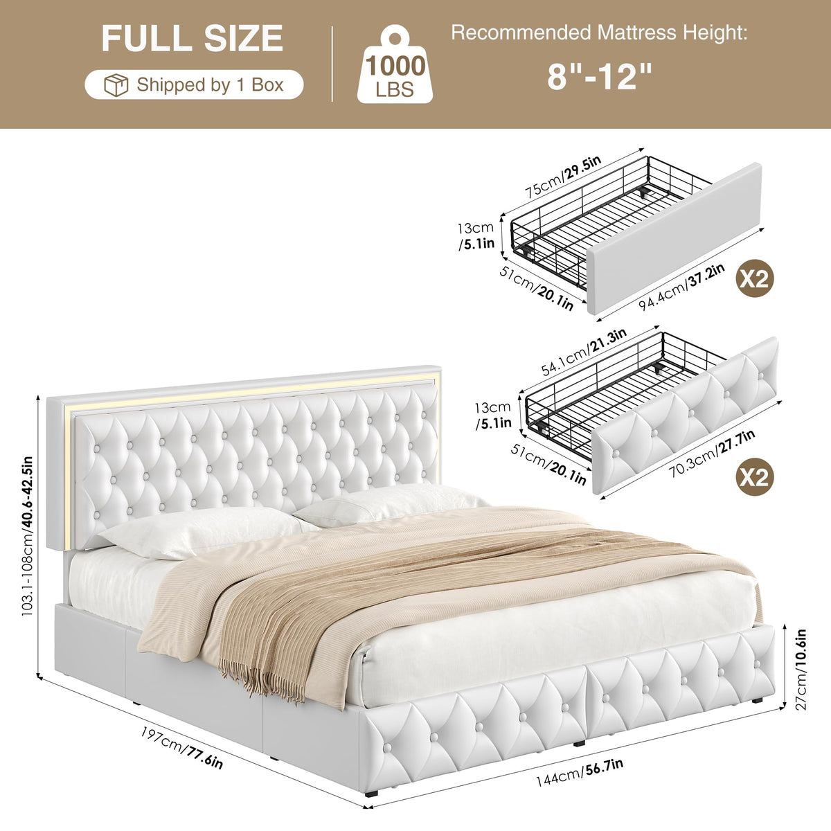 White Full Size LED Bed Frame with 4 Storage Drawers and Adjustable Headboard A4045