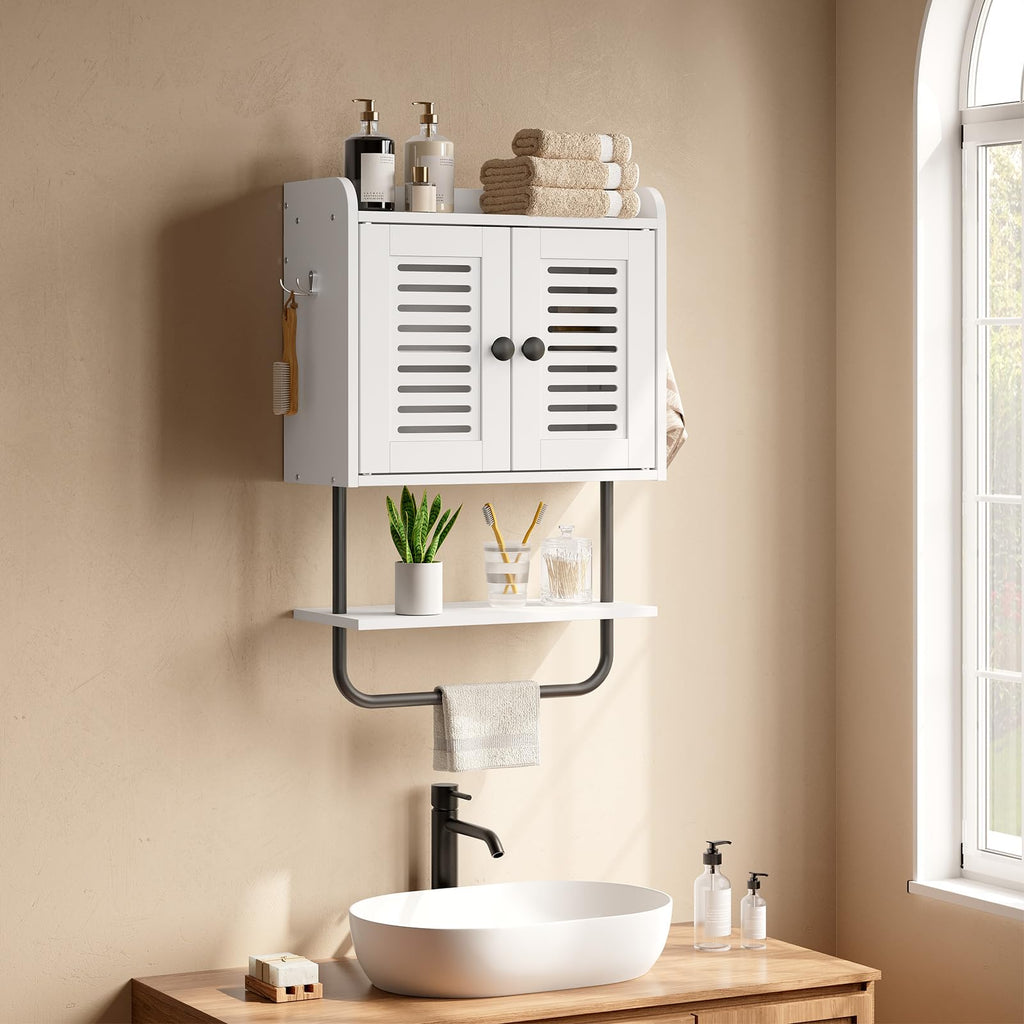 White Double Doors Bathroom Wall Cabinet with Towel Bar, Adjustable Shelf, 2 Hooks Q892628