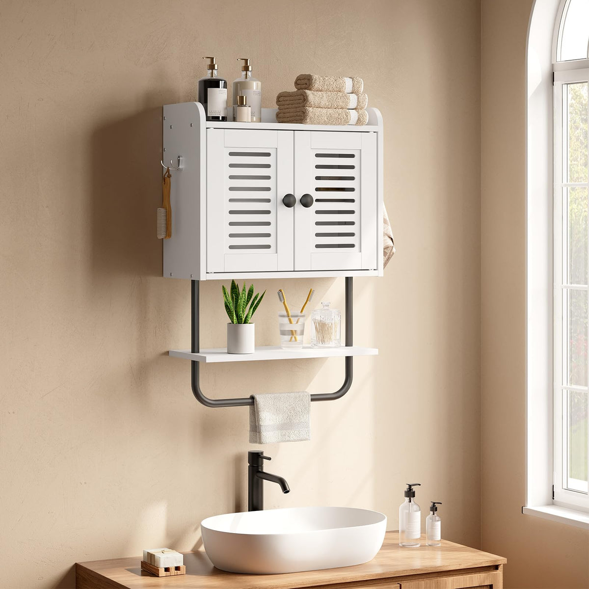 White Double Doors Bathroom Wall Cabinet with Towel Bar, Adjustable Shelf, 2 Hooks Q892628