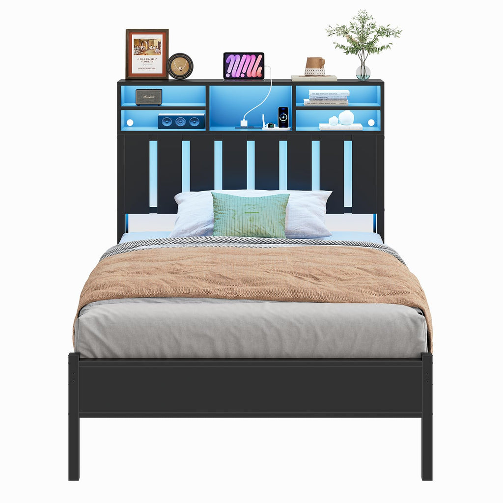 Twin Size Bed Frame with Storage Headboard and LED Lights P786