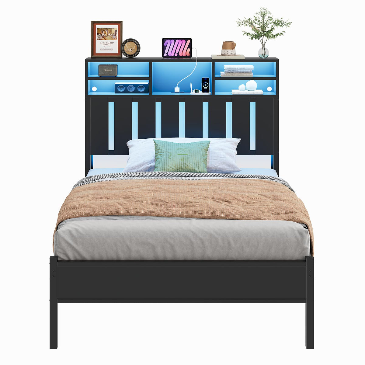 Twin Size Bed Frame with Storage Headboard and LED Lights P786