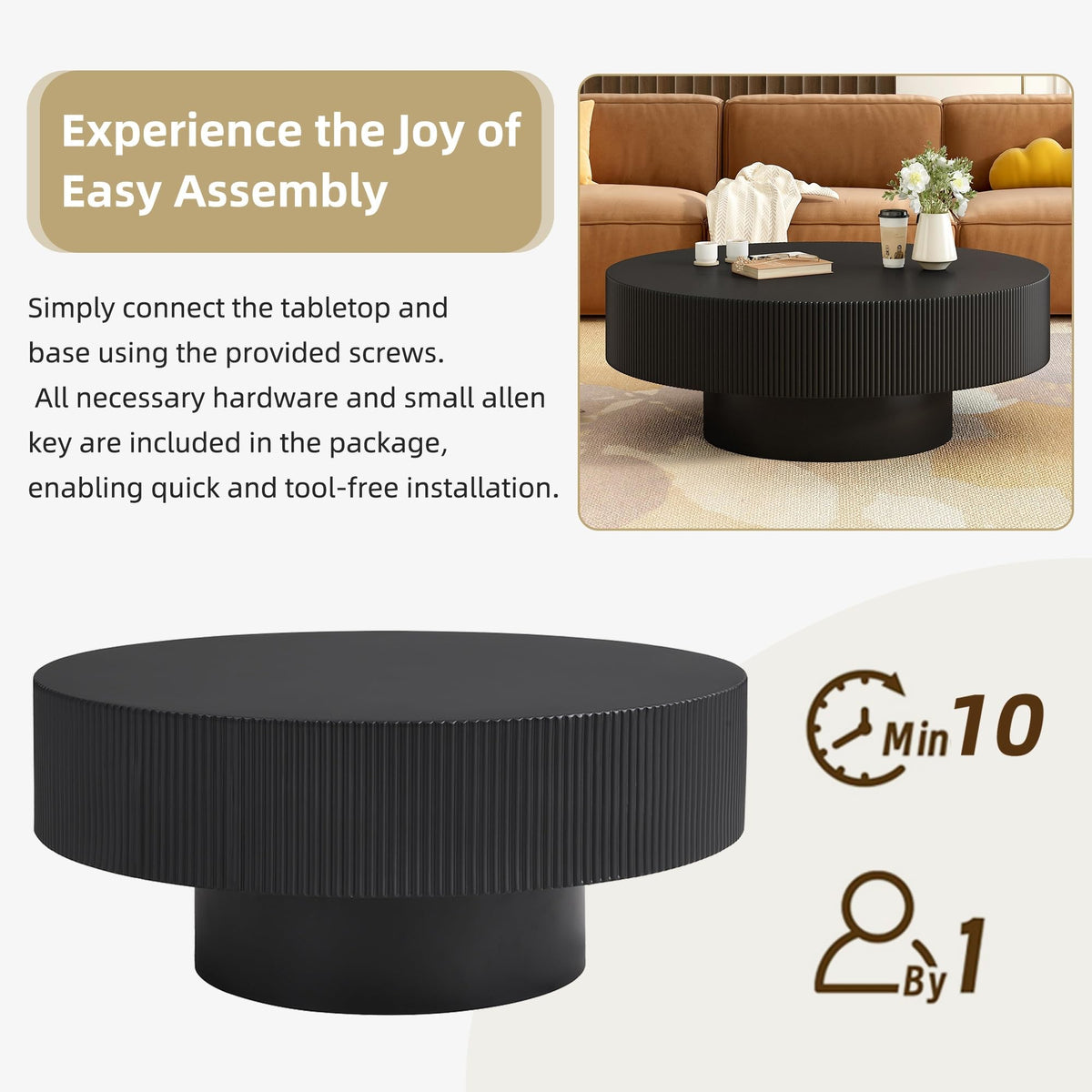 Round Coffee Table, 31.5" Fluted Pedestal Wood Table, Black R47204