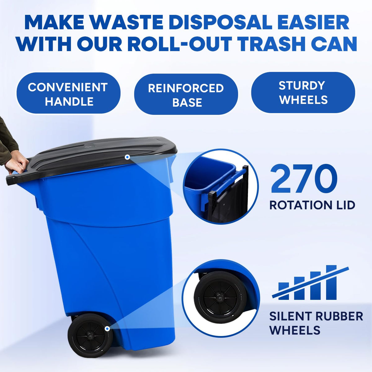 50 Gallon Blue Plastic Trash Can with Lid and Wheels T8394