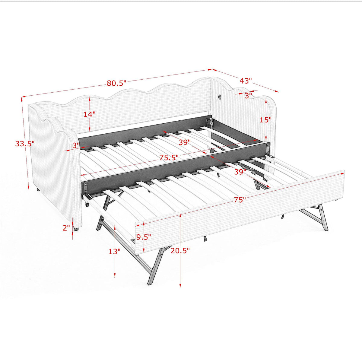 Twin Size Upholstery Daybed with Trundle and USB F587299